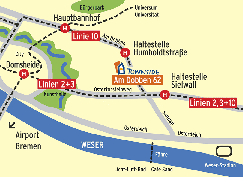 Lageplan des Hostels in Bremen. Adresse: Am Dobben 62